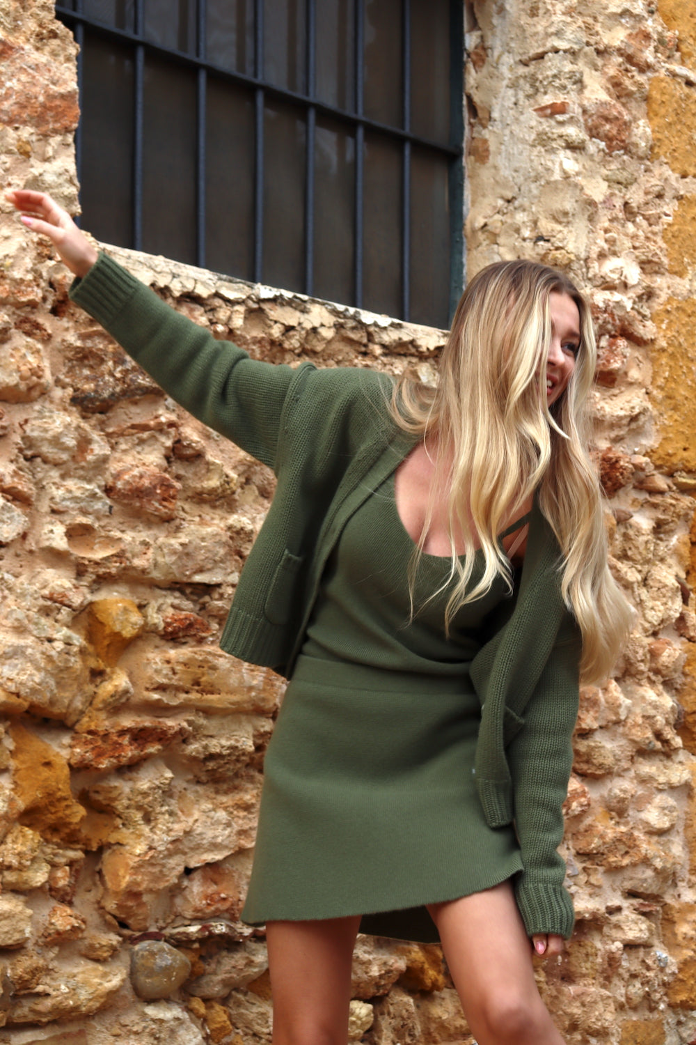 Olive green dress top with cardigan